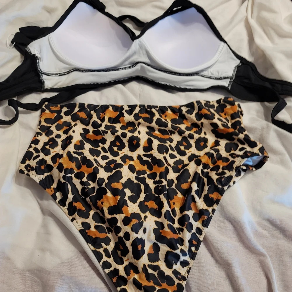NWT LEOPARD high waisted push up strappy halter pinup bathing swim suit - Picture 9 of 9